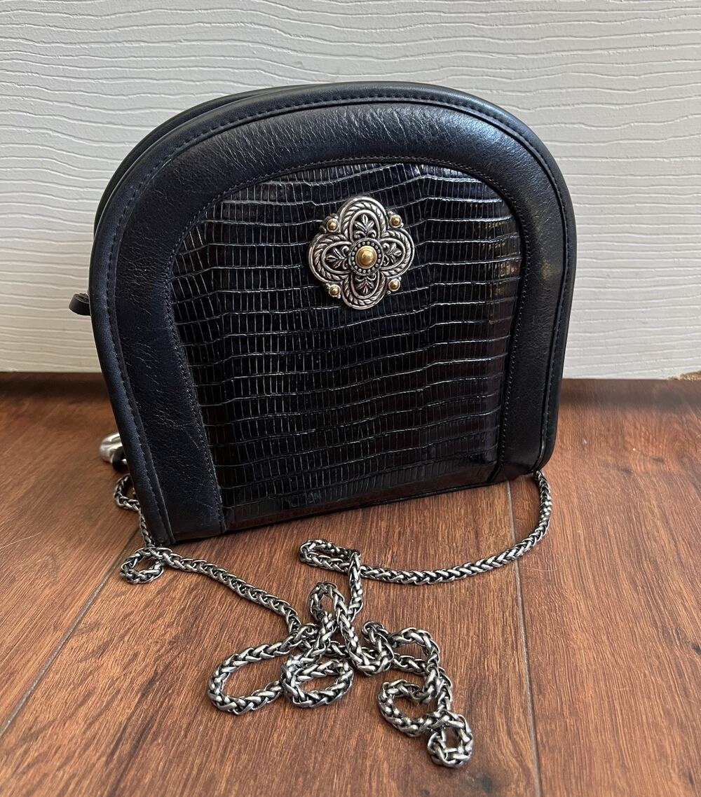BRIGHTON Vintage Black Embossed Leather Chain Zip Top Crossbody Purse Bag